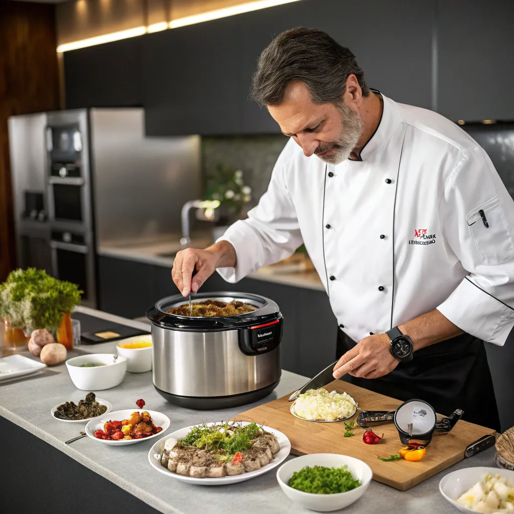 Expert chef demonstrating multicooker techniques